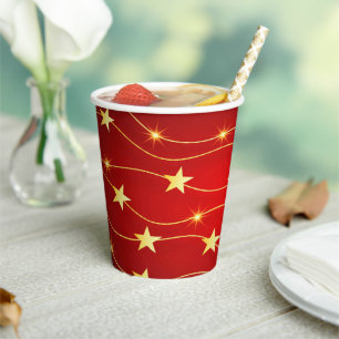 Star Adorned Ruby Red Pattern Paper Cups