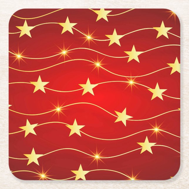 Star Adorned Ruby Red Pattern  Square Paper Coaster (Front)