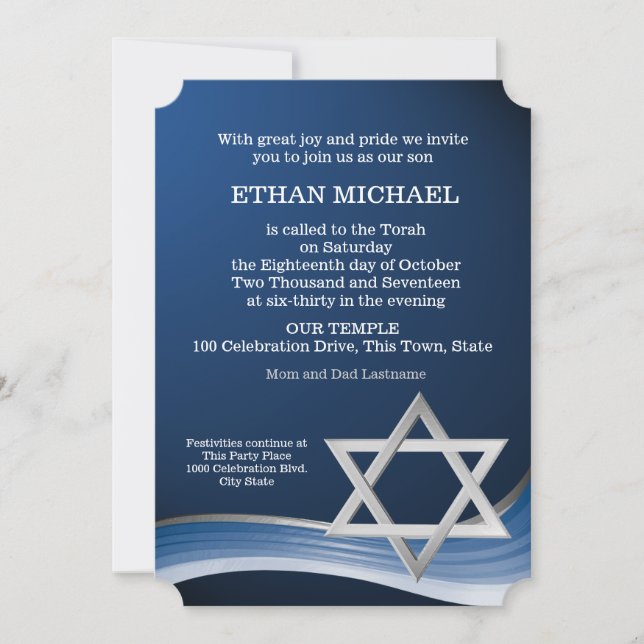 Star and Blue Wave Bar Mitzvah Invitation (Front)