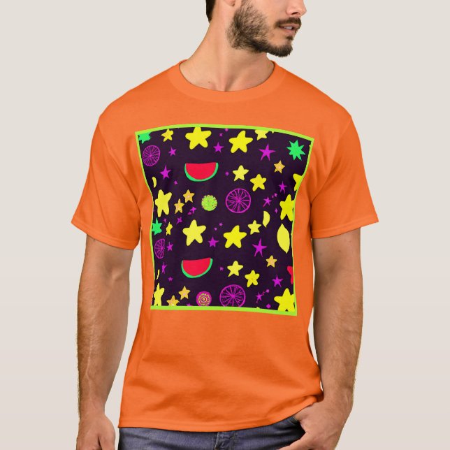 Star And Fruits Colourful Pattern T-Shirt (Front)