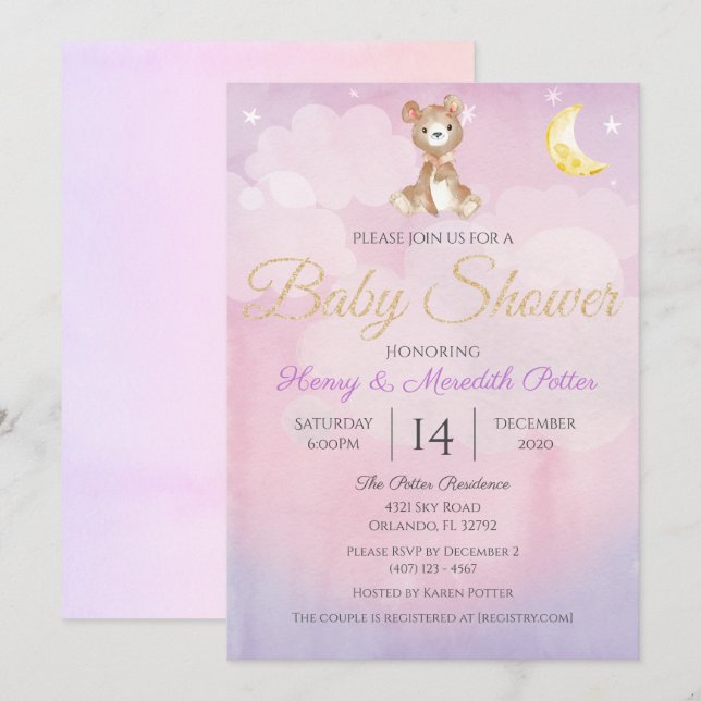 Star and Moon Teddy Bear Purple Girls Baby Shower Invitation (Front/Back)