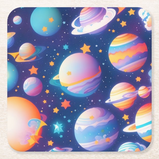 Star ans planets pattern square paper coaster (Front)
