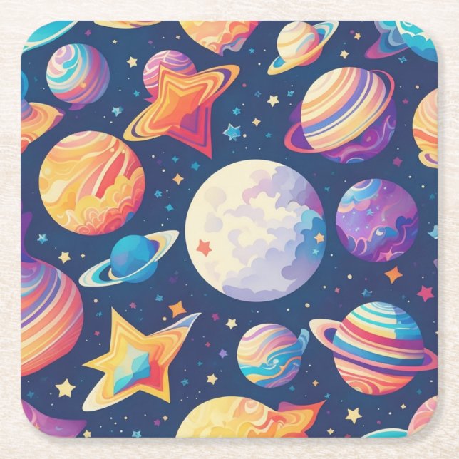 Star ans planets pattern square paper coaster (Front)