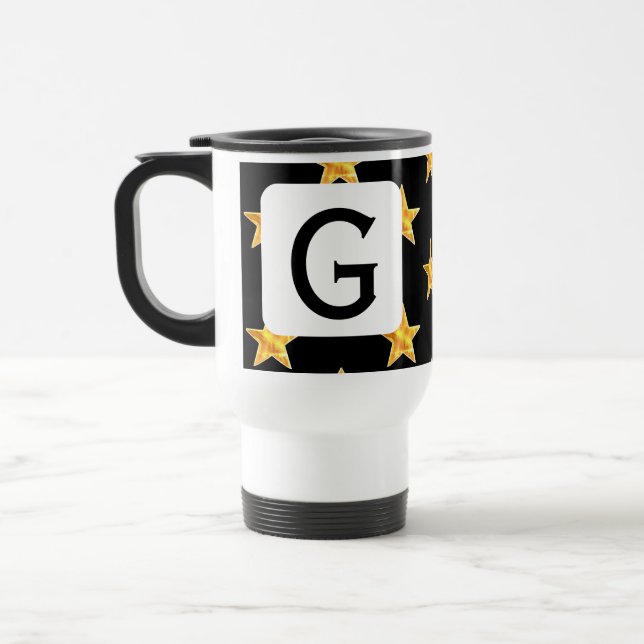 Star Any Monogram Initial Yellow Black Minimalist Travel Mug (Left)