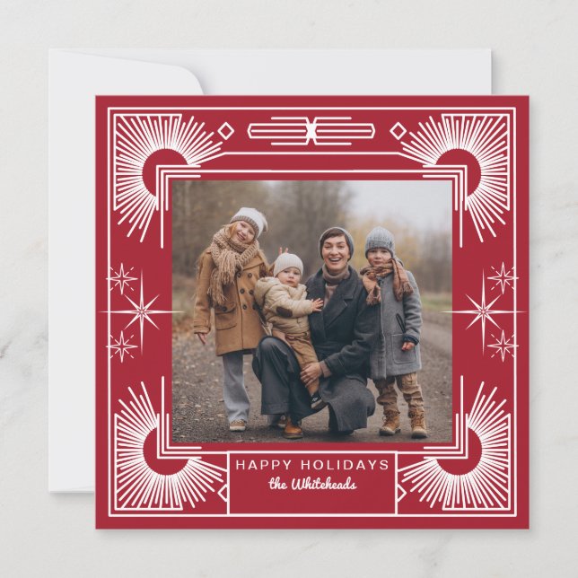 Star Art Deco Photo Happy Holiday Red Card (Front)