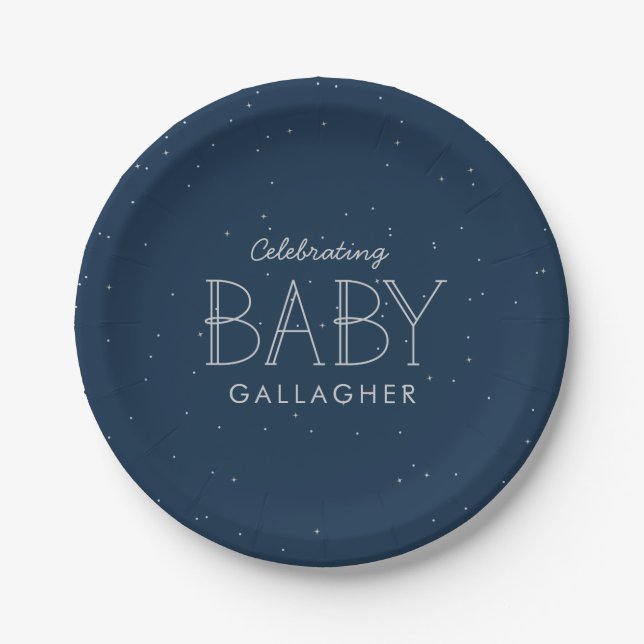 Star baby shower navy blue personalised paper plate (Front)