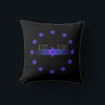 Star Bar Menorah Cushion<br><div class="desc">A purple and blue fractal image,  with a Magen David (Star of David),  in the middle,  as a Chanukkah menorah.  The motif is repeated as a border of 12 stars. The candles have been lit.</div>