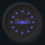 Star Bar Menorah Paper Plate<br><div class="desc">For your Chanukkah party. A purple and blue fractal image, with a Magen David (Star of David), in the middle, as a Chanukkah menorah. All on a starfield background. This image is also available on Chanukkah party invitations and many other items.</div>