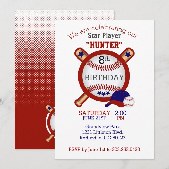 Star Baseball Player Birthday - Dark Red and Blue Invitation (Front/Back)