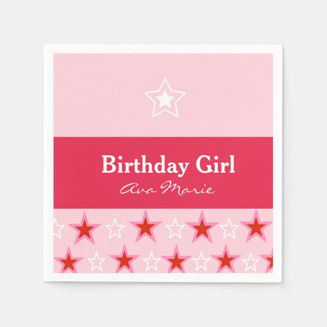 Star Birthday Girl Party, Pink & Red Napkin (Front)