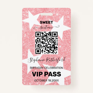 Star Birthday Party VIP PASS Pink Glitter ID Badge
