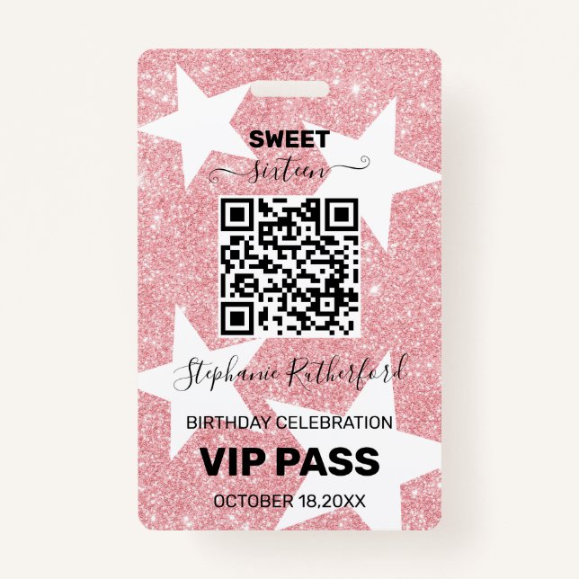 Star Birthday Party VIP PASS Pink Glitter ID Badge (Front)