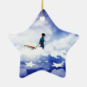Star Boy with Little Red Wagon of Stars Ceramic Tree Decoration