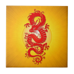Star Burst Chinese Dragon, red and yellow Tile