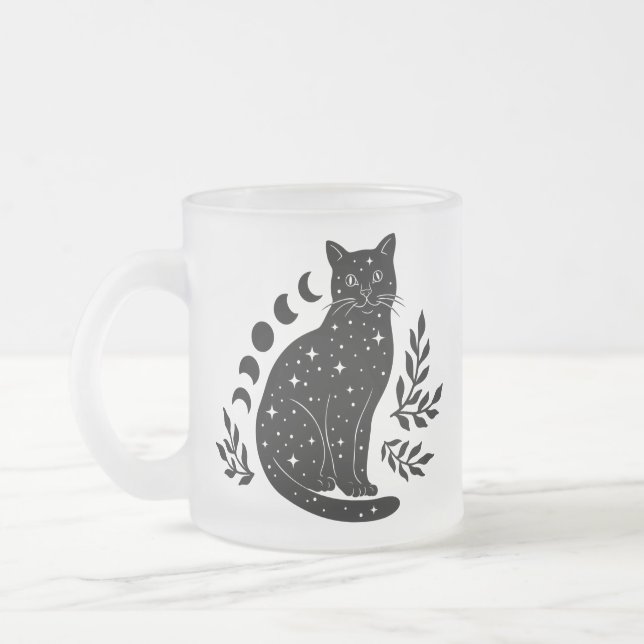 Star Cat & Moon Phases Frosted Glass Coffee Mug (Left)