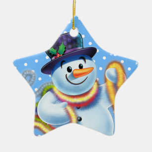 Star Christmas tree decoration Snowman and tinsel.
