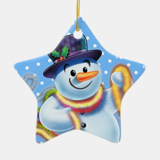 Star Christmas tree decoration Snowman and tinsel. (Front)