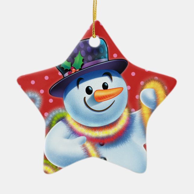 Star Christmas tree decoration Snowman & tinsel. (Front)
