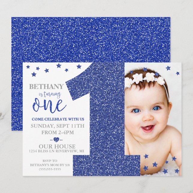 Star Confetti First Birthday Faux Glitter Invite (Front/Back)