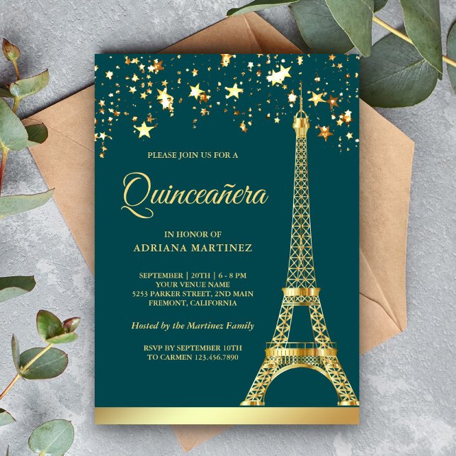 Star Confetti Gold Eiffel Tower Teal Quinceanera Invitation (Creator Uploaded)