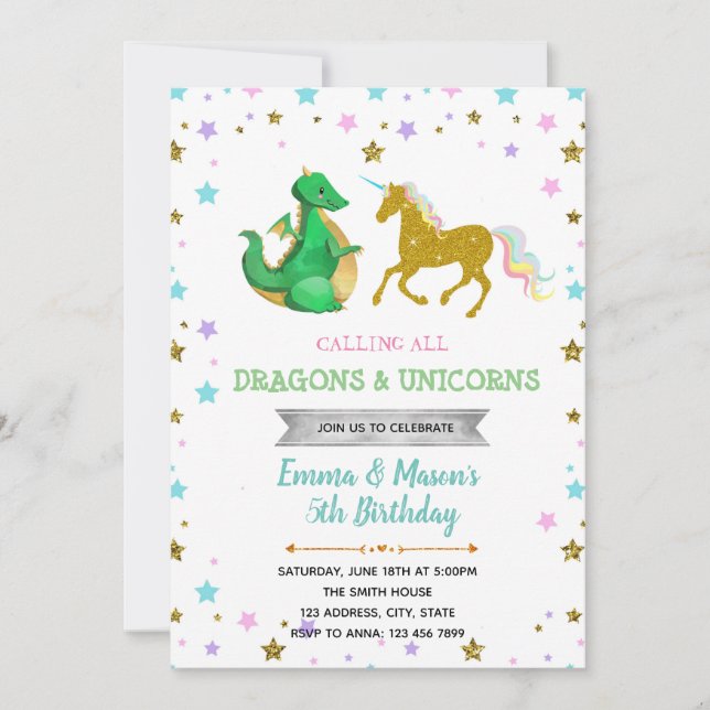Star dragon unicorn party theme invitation (Front)