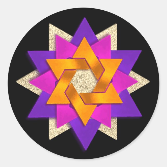 Star Flower Purple Pink Orange Black Classic Round Sticker (Front)