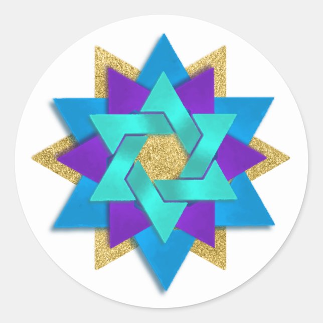 Star Flower Turquoise Blue Purple Aqua Classic Round Sticker (Front)