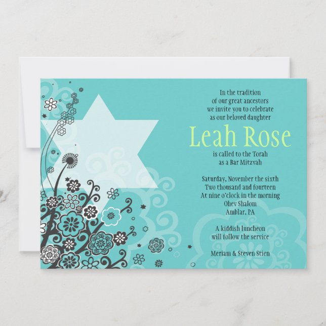 STAR FLOWERS Bat Mitzvah Invitation Invite (Front)