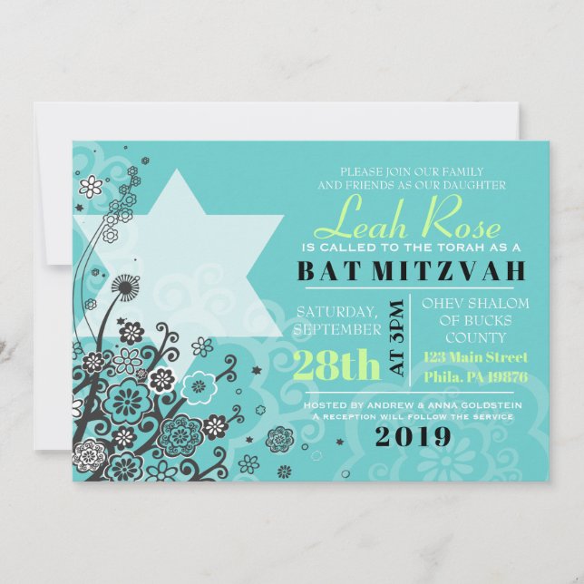 STAR FLOWERS Bat Mitzvah Invitation Invite (Front)