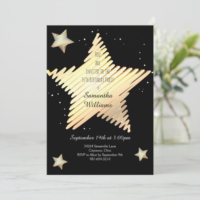 Star Gold Black Sweet Sixteen Birthday Invitation (Standing Front)