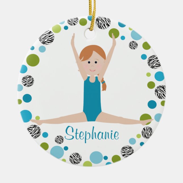 Star Gymnast in Aqua and Green Personalised Ceramic Tree Decoration (Front)