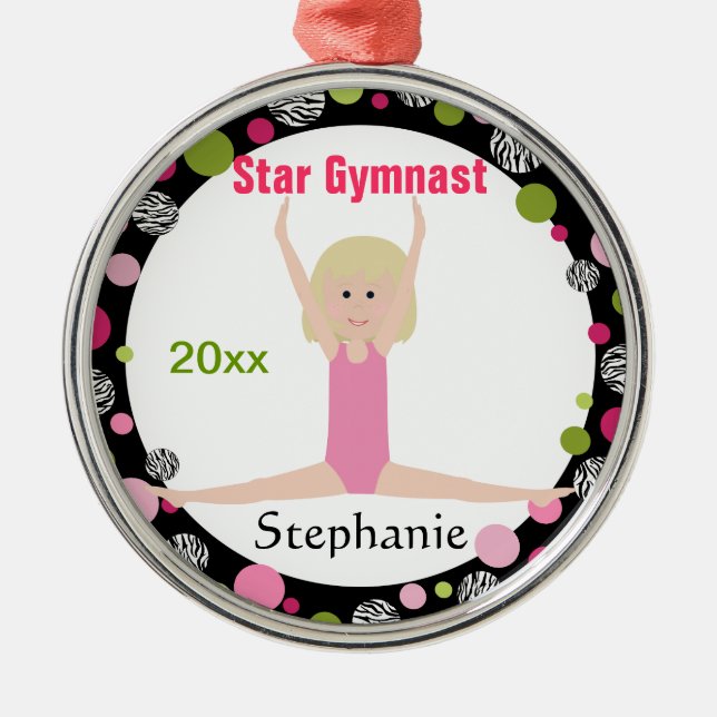 Star Gymnast Keepsake Pink and Green Metal Tree Decoration (Front)