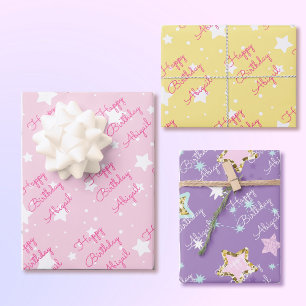 Star Happy Birthday with Girls Name Pink Yellow 3 Wrapping Paper Sheet