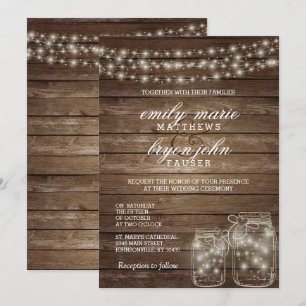 Star Light Mason Jar on Rustic Wood Wedding Invitation