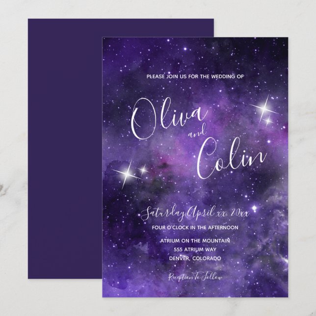 Star Light, Purple, White Wedding  Invitation (Front/Back)