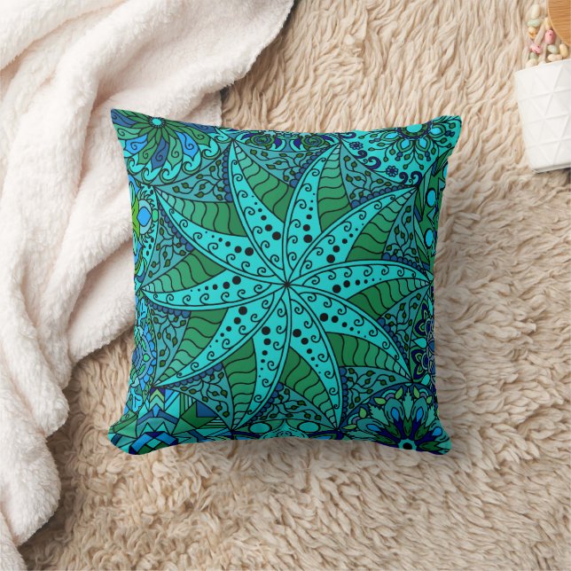 Star Mandala Aqua Ocean Sea Green Blue Cushion (Blanket)
