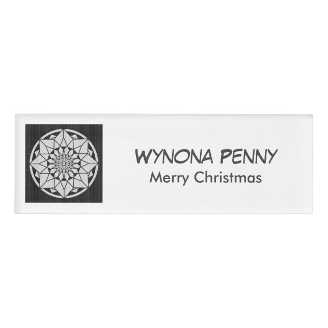 Star Mandala knitting black & white Name Tag (Front)