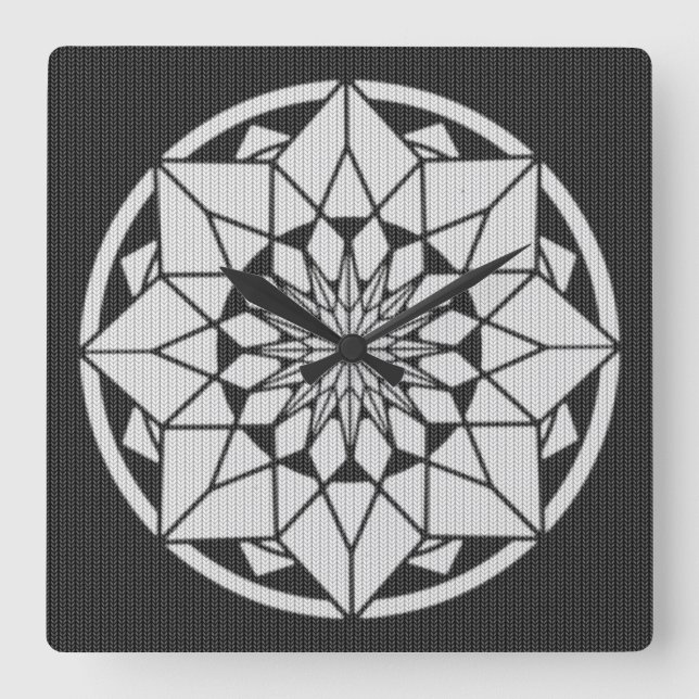 Star Mandala knitting black & white Square Wall Clock (Front)