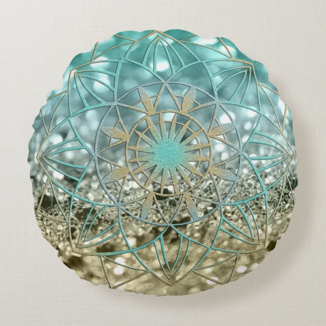 Star Mandala on Lemon Twist Beach Glitter #4 Round Cushion (Front)