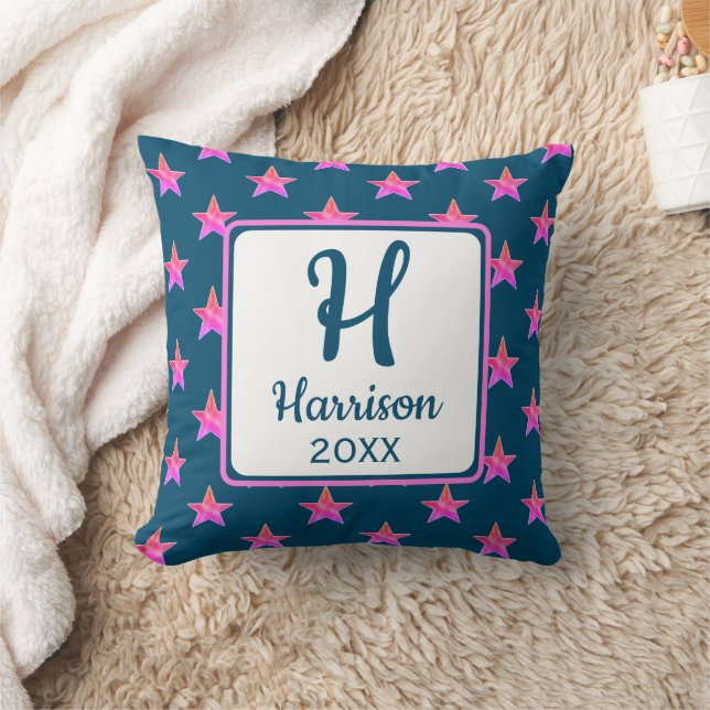 Star Monogram Initial Pink Blue Colourful Cushion (Blanket)