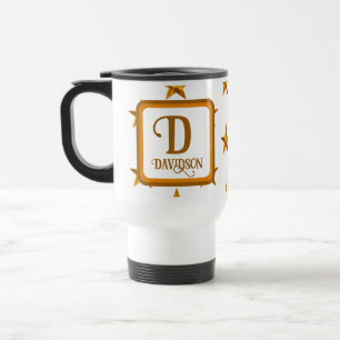 Star Monogram Orange Gold Family Name Initial  Travel Mug