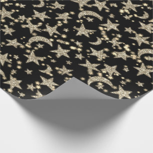 Star Moon Spark Night Galaxy Black Champaigne Gold Wrapping Paper