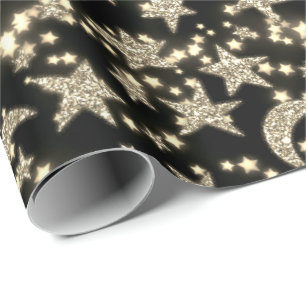 Star Moon Spark Night Galaxy Black Champaigne Gold Wrapping Paper