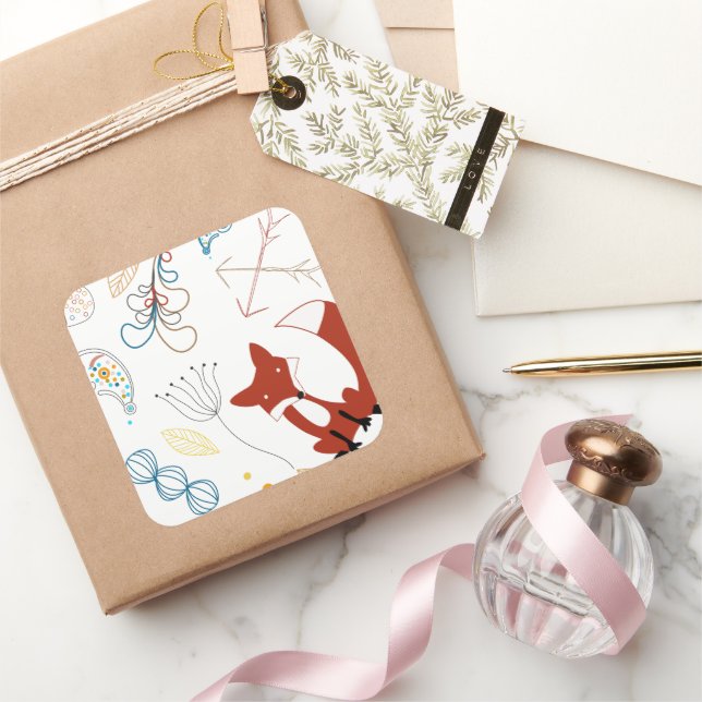Star Mr. Forest Fox Woodland Floral Pattern Square Sticker (Gifting)