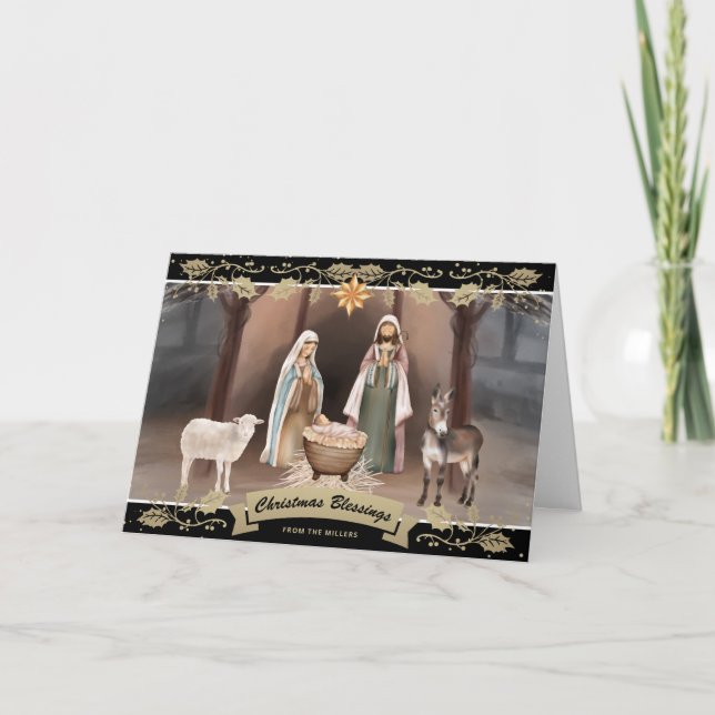 Star of Bethlehem Nativity Scene Black Gold Card (Front)