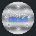 Star of David Array Silver SDAX Classic Round Sticker<br><div class="desc">This beautiful sticker design features eight sparkling Stars of David in an array around the text 'Happy Hanukkah'. Background is a silver gradient circled by white shining stars.</div>