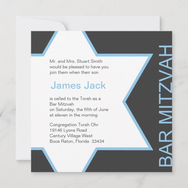 Star of David Bar Mitzvah - Blue & Grey Invitation (Front)
