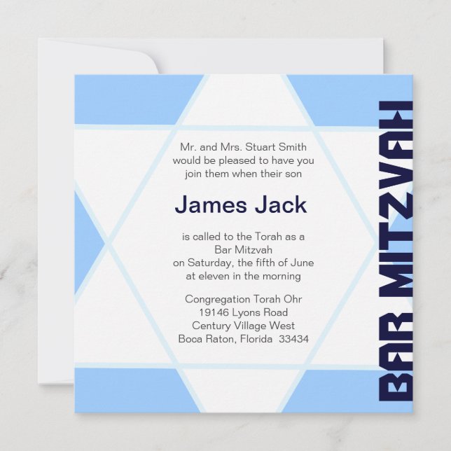 Star of David Bar Mitzvah -blue & white Invitation (Front)