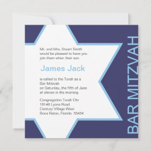Star of David Bar Mitzvah- Dark Blue & White Invitation