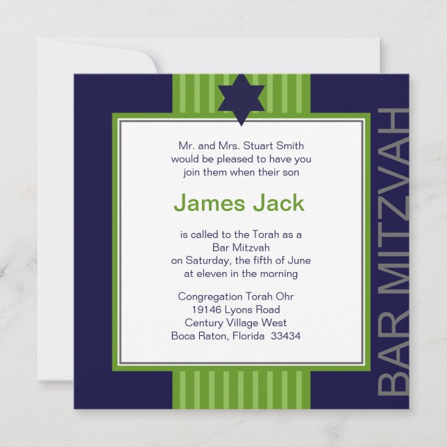 Star of David Bar Mitzvah - green & blue ribbon Invitation (Front)